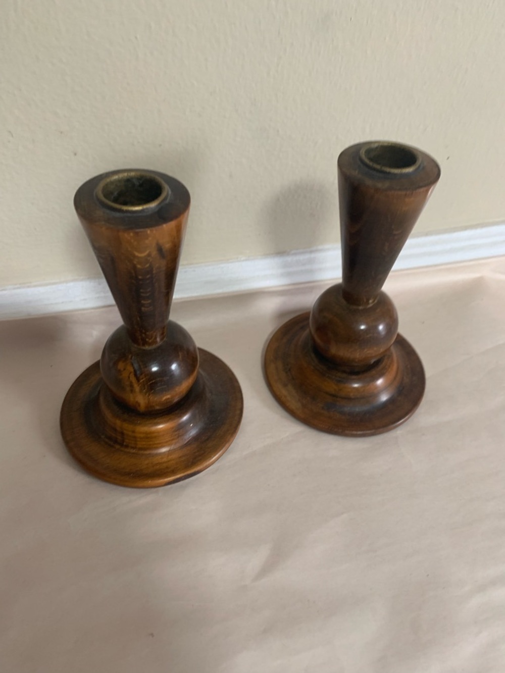 Vintage Art Deco Solid Oak Candlesticks Pair Dark Stained Wood W/Brass Inserts 6